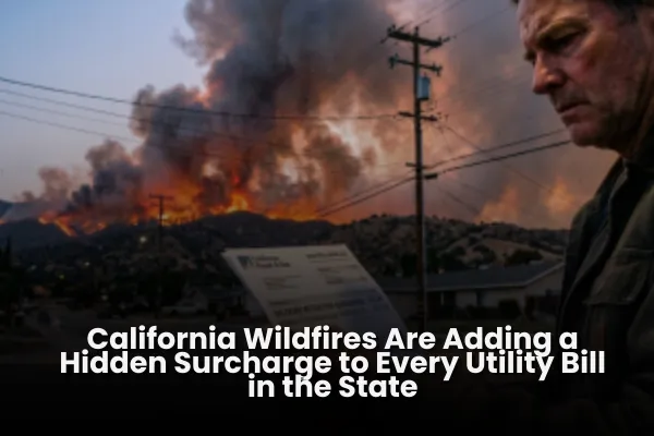California electric bill with wildfire surcharge, power lines, rooftop solar, and home battery backup.