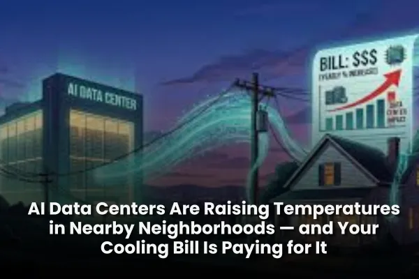 Large AI data center releasing heat near neighborhoods with solar homes and rising cooling demand.
