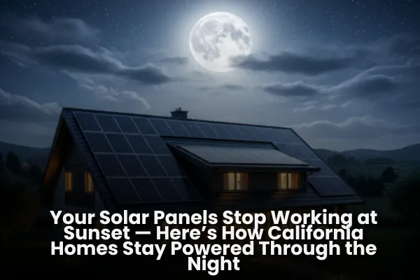 A California home at dusk with solar panels on the roof and a battery storage unit, illustrating how stored solar energy powers the home through the night
