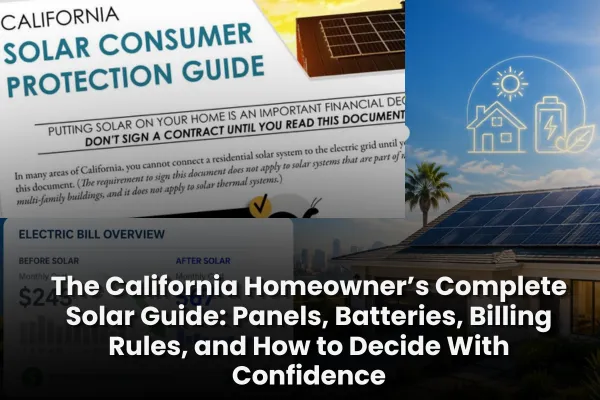 A California home with solar panels on the roof, a home battery storage unit on the side of the house, and a smart energy monitor display, representing a complete solar and battery system