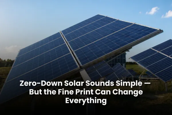 Homeowner reviewing no-upfront solar and battery program documents beside rooftop solar panels.