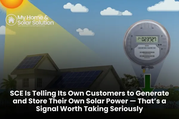 SCE customer home with rooftop solar panels and battery storage as the utility promotes generating and storing solar power.