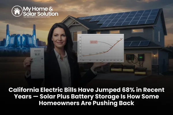 California homeowner reviewing a rising electric bill with rooftop solar panels and a home battery in the background.