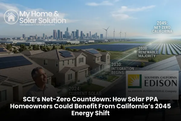 California home with rooftop solar panels and battery storage as SCE moves toward net-zero electricity by 2045.