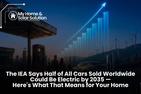 Rows of electric vehicles charging at a residential neighborhood, representing IEA projections that EVs could reach half of global car sales by 2035.