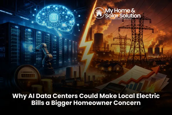 A large AI data center with rows of server racks and cooling equipment illuminated by blue lights, overlaid with a residential neighborhood and utility power lines, symbolizing the impact of growing AI energy demand on local electricity costs and homeowners' utility bills.