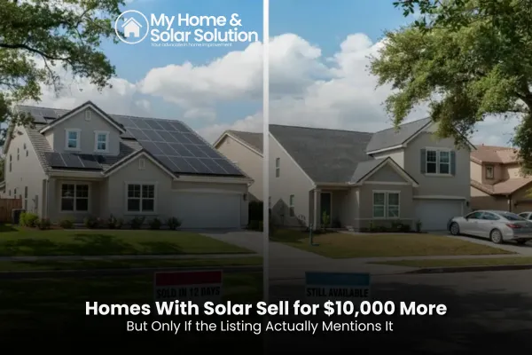 Real estate listing photo of a home with rooftop solar panels highlighted as a selling feature