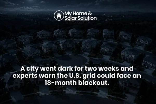 A suburban neighborhood of homes in darkness during a widespread power blackout.