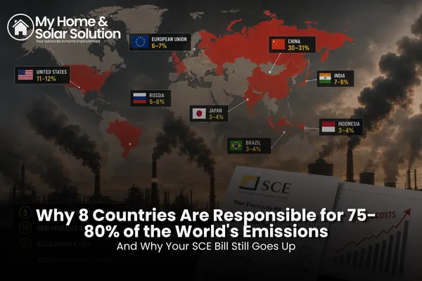 World map highlighting the small number of countries responsible for the majority of global carbon emissions, alongside a California electric bill.
