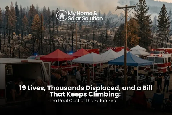 Wildfire-damaged neighborhood next to a rising electric bill chart illustrating long-term recovery costs