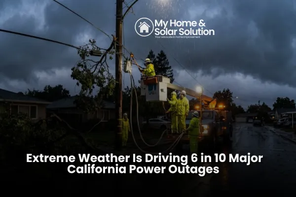 Storm clouds and downed power lines over a California neighborhood