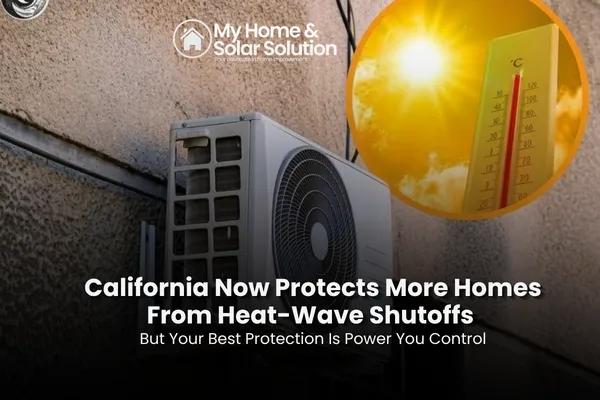 A thermometer reading 90 degrees in front of a California home with rooftop solar panels and a battery keeping the air conditioner running.