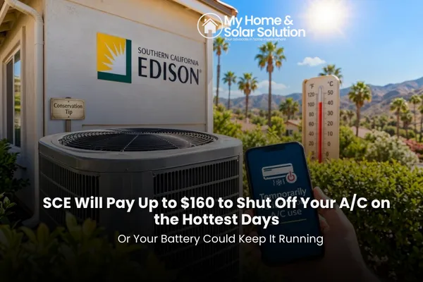 A family fanning themselves in a warm living room next to an air conditioner with a remote control device, beside a cool home powered by a battery.