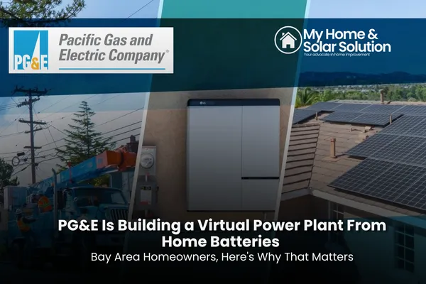 A Bay Area neighborhood at dusk with homes connected by glowing lines to represent a virtual power plant of home batteries.