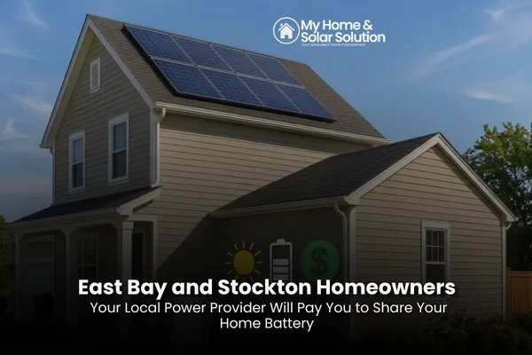 A home battery in an East Bay garage with a quarterly payment notification on a smartphone.