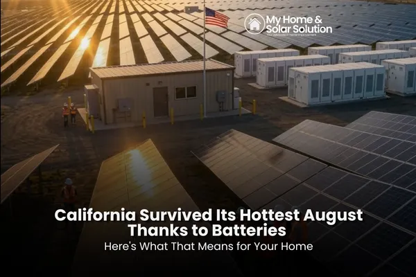 Utility-scale battery containers under a blazing August sun with a California home and its own wall-mounted battery in the foreground.