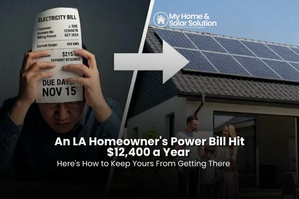 A shocked homeowner holding a high electric bill in a San Fernando Valley driveway with two electric vehicles charging.