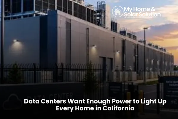 A California neighborhood at dusk with glowing homes and a massive data center on the horizon drawing power from transmission lines.