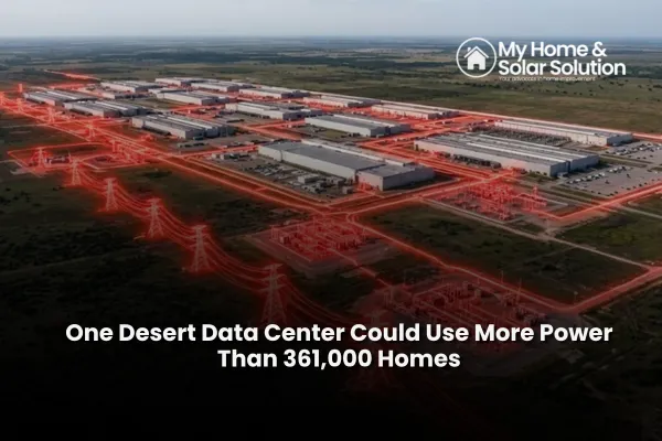 A desert landscape in California's Imperial Valley with a large proposed data center site, power lines and a small home with rooftop solar in the foreground.