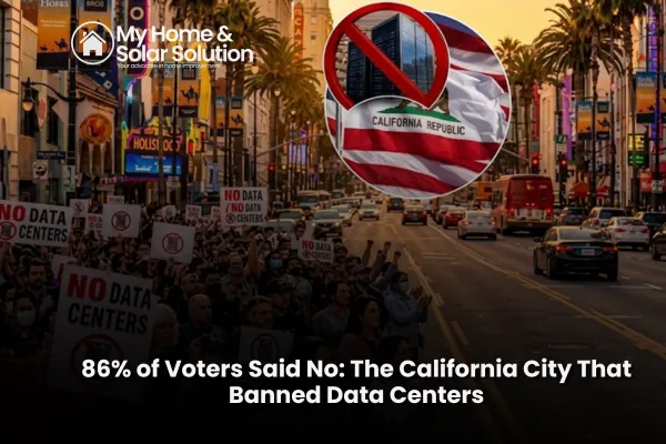 Residents of a California city holding signs at a city council meeting opposing a data center, with suburban homes in the background.