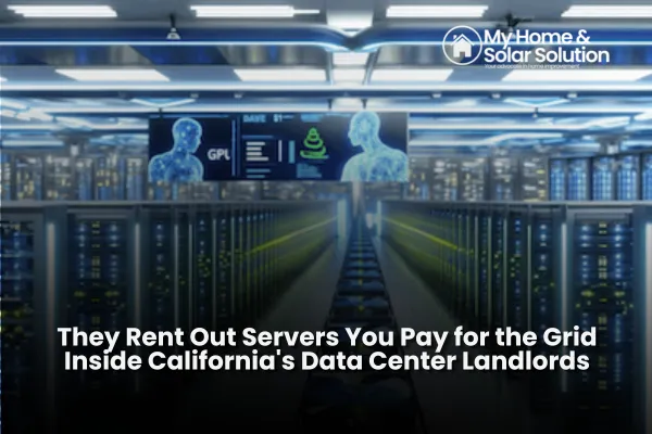 An illustration of a data center drawn as an apartment building for servers, connected by power lines to a neighborhood of homes.