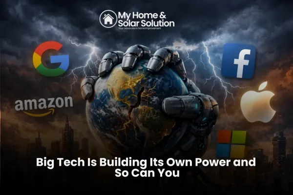 A split image of a big tech data center campus and a California home with rooftop solar and a wall-mounted battery.