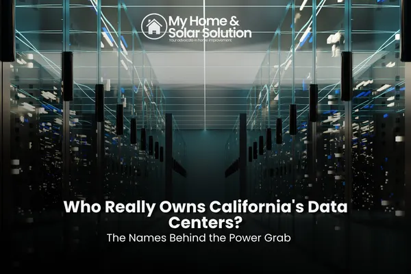 An infographic-style image showing logos as generic icons for colocation, big tech, developers and telecom, connected to California's grid.
