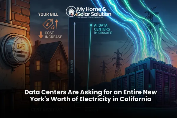A map of New York State overlaid on California with electricity lines flowing into a cluster of data centers.