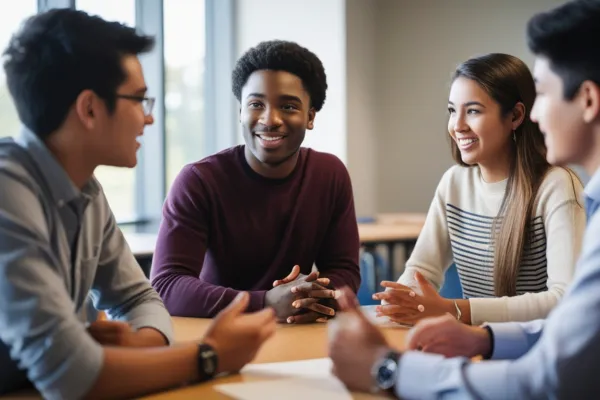 Small group in conversation, representing connection and ongoing engagement within a community.