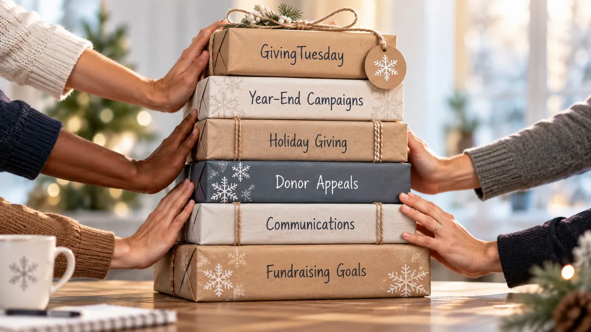 Multiple hands supporting a stack of year-end fundraising priorities, including GivingTuesday, year-end campaigns, holiday giving, donor appeals, communications, and fundraising goals.