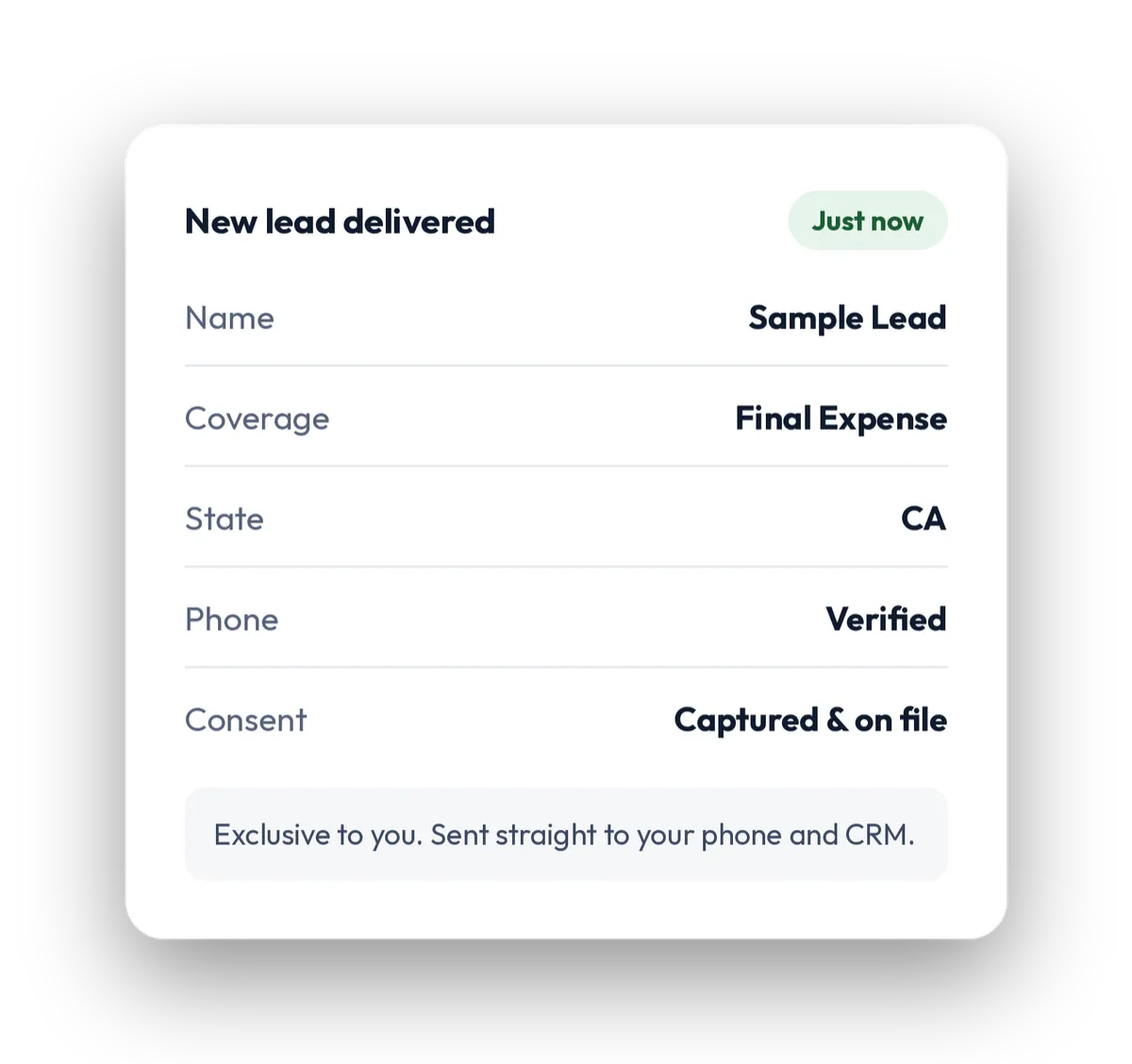 Sample lead delivered to an agent in real time.
