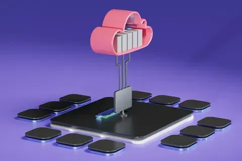 Pink cloud shaped data storage connected to a central black circuit board chip on purple background.