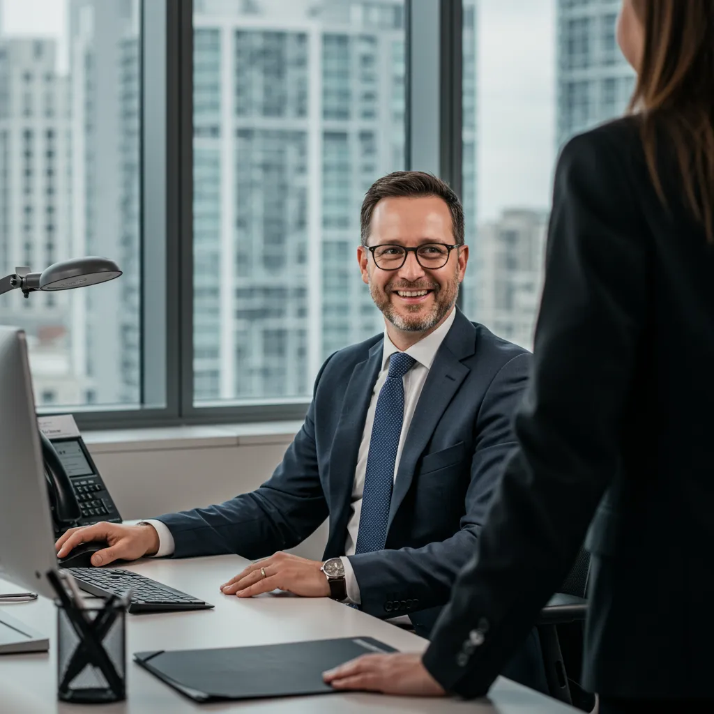 A confident, diverse woman in her 30s sits at a modern desk, reviewing financial documents with a digital tablet, sunlight streaming through a city window, conveying empowerment and optimism. 3:2 aspect ratio, natural light, contemporary office.