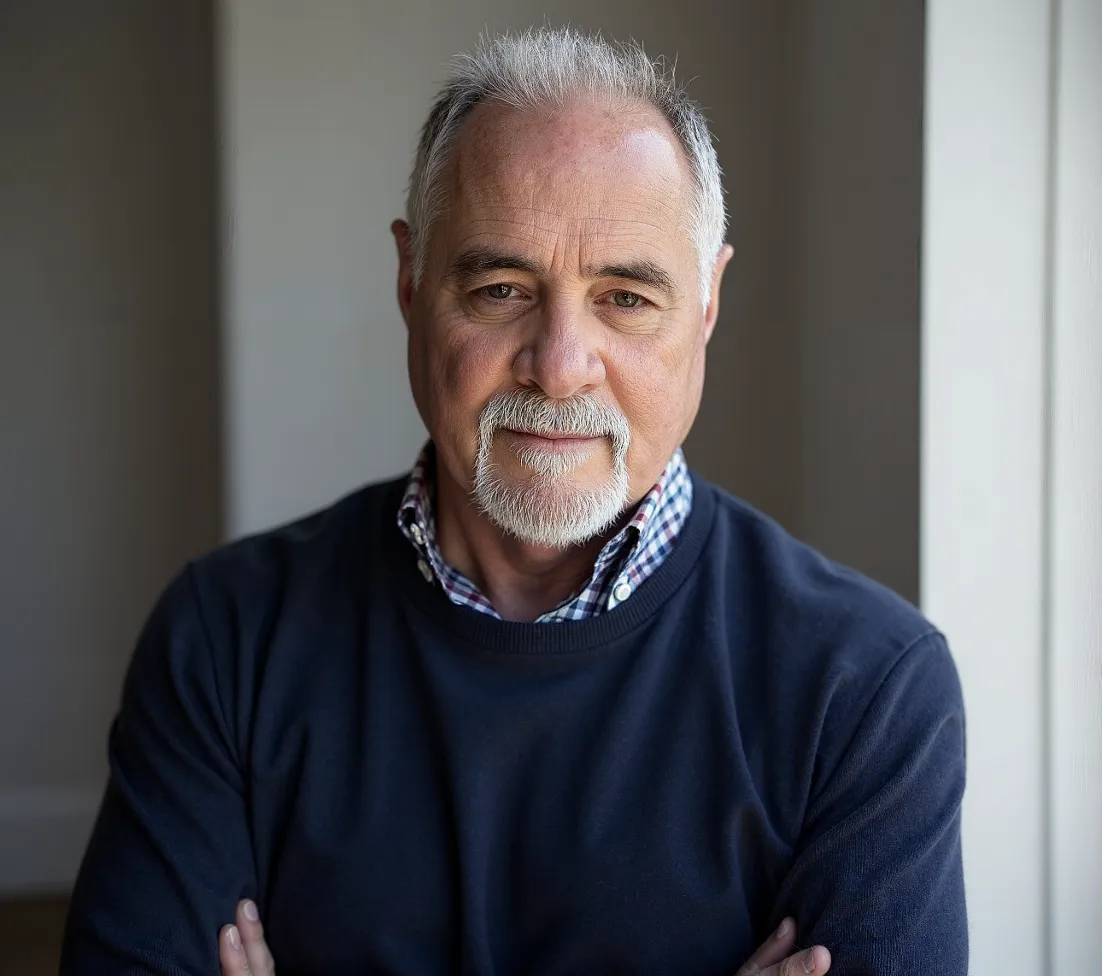 A friendly male financial advisor in his 40s, smiling and answering a phone call at a bright office desk with a notepad and pen, cityscape visible through the window. 3:2 aspect ratio, professional, approachable.