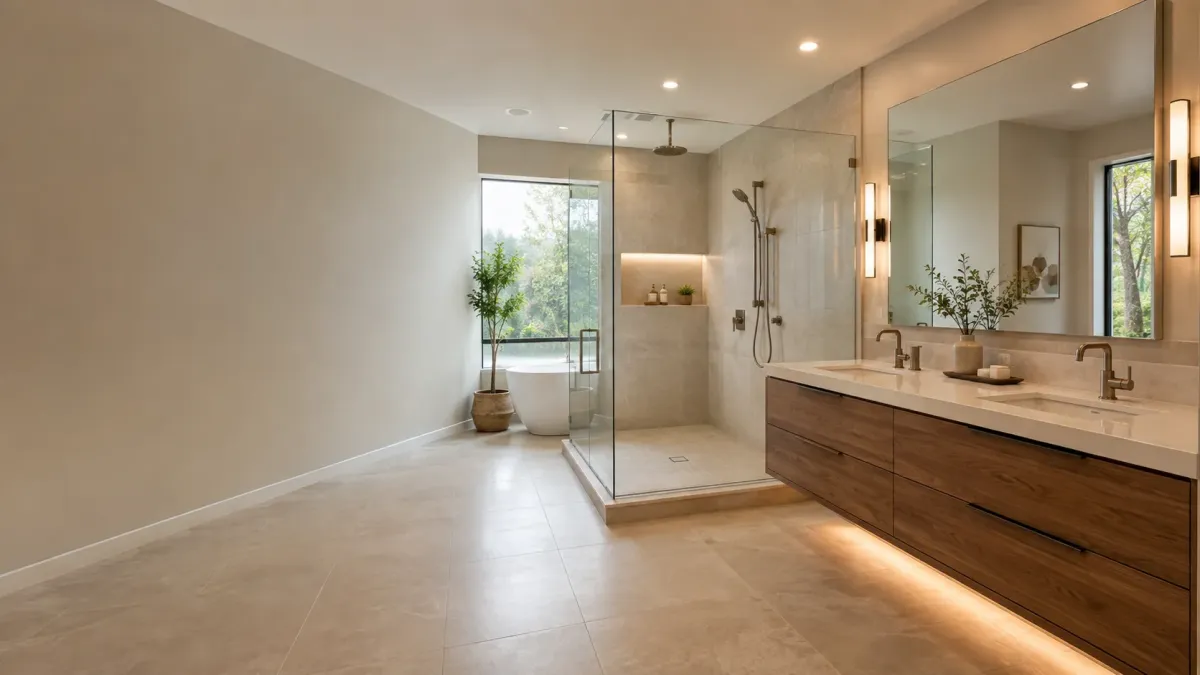 Contemporary warm California bathroom remodel in Hemet CA with double vanity, frameless shower, soaking tub, and soft neutral finishes.