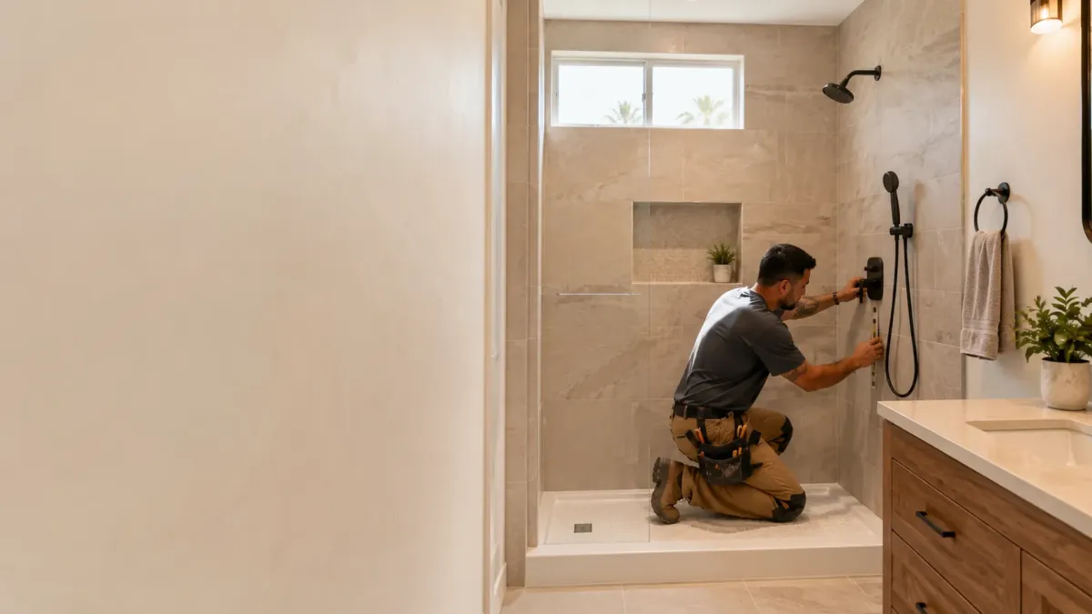 Tub to shower conversion contractor in Hemet CA installing new shower fixtures in a modern bathroom remodel