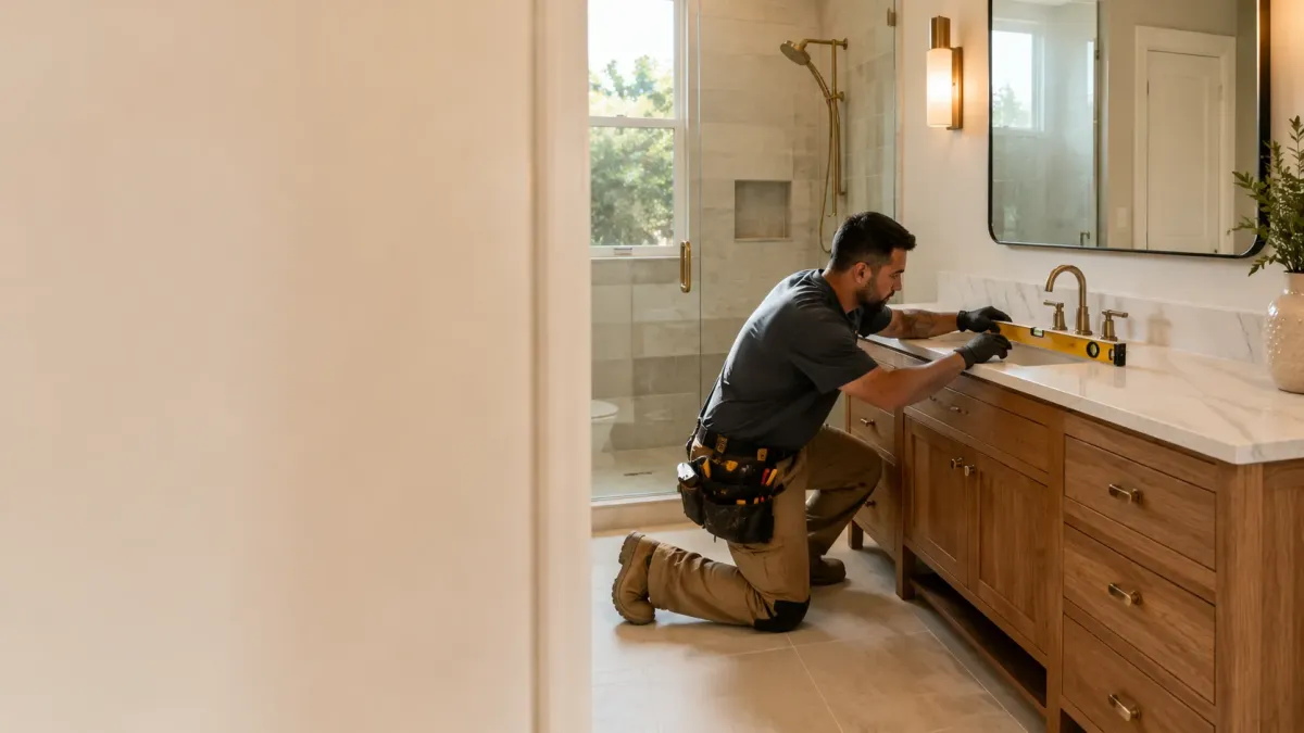 Vanity and countertop installation in Hemet CA with a contractor leveling a new bathroom vanity and sink