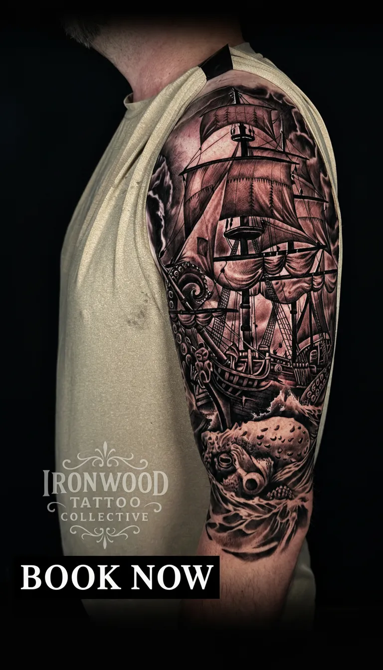 person with tattoo on right arm