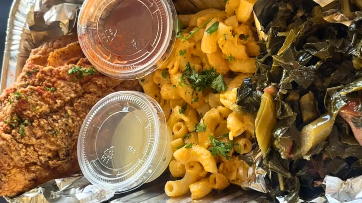 Fried catfish plate with mac and cheese and collard greens from Nate’s Plates in Midland Texas.