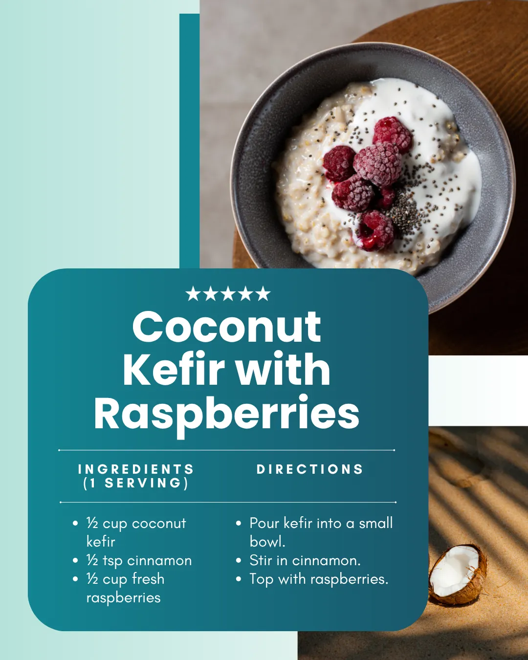 Coconut kefir with raspberries in a bowl.