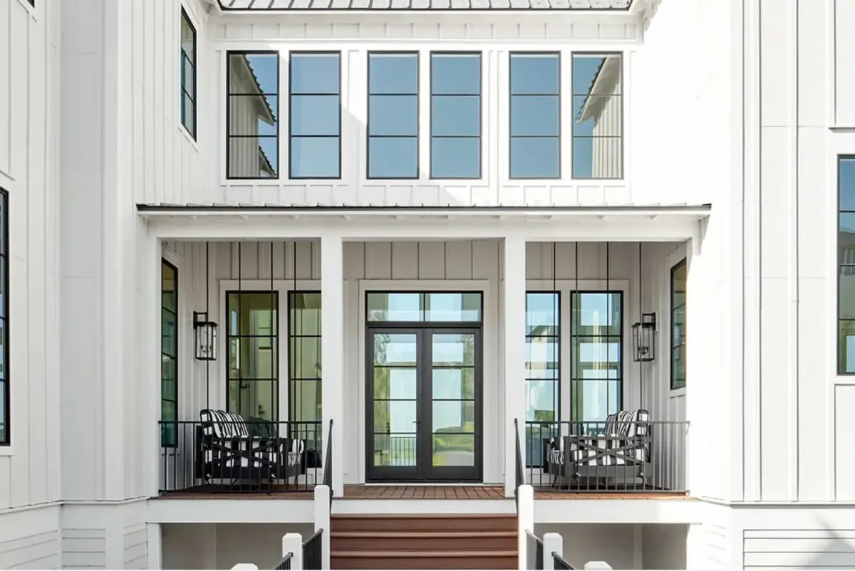 White farmhouse-style home with board-and-batten siding, black-framed replacement windows and glass French entry doors