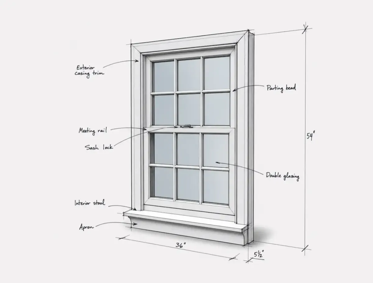 Technical drawing of a double-hung replacement window with measurements