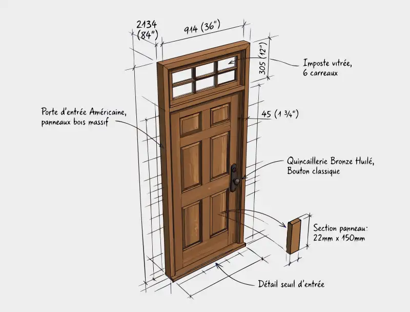 Technical drawing of a wood exterior door with a glass transom window