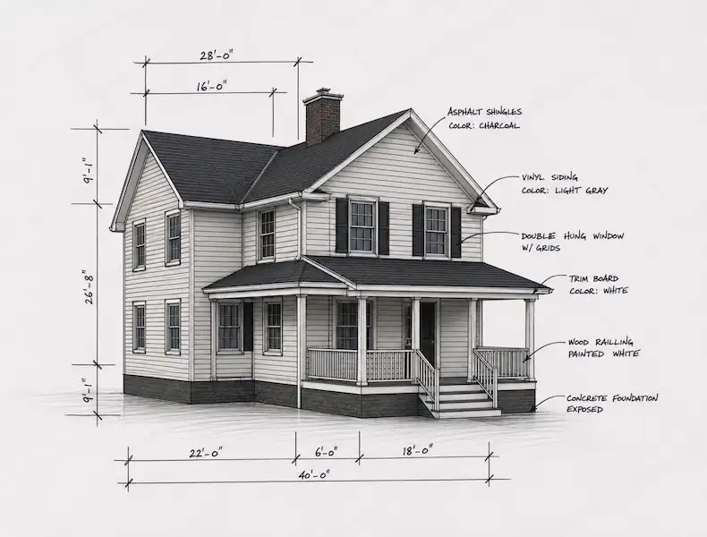 Architectural drawing of a two-storey home with siding, windows and a front porch