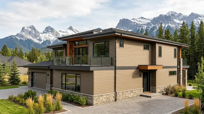 Two-storey modern house with wood siding, stone base and balcony, with snowy mountains behind