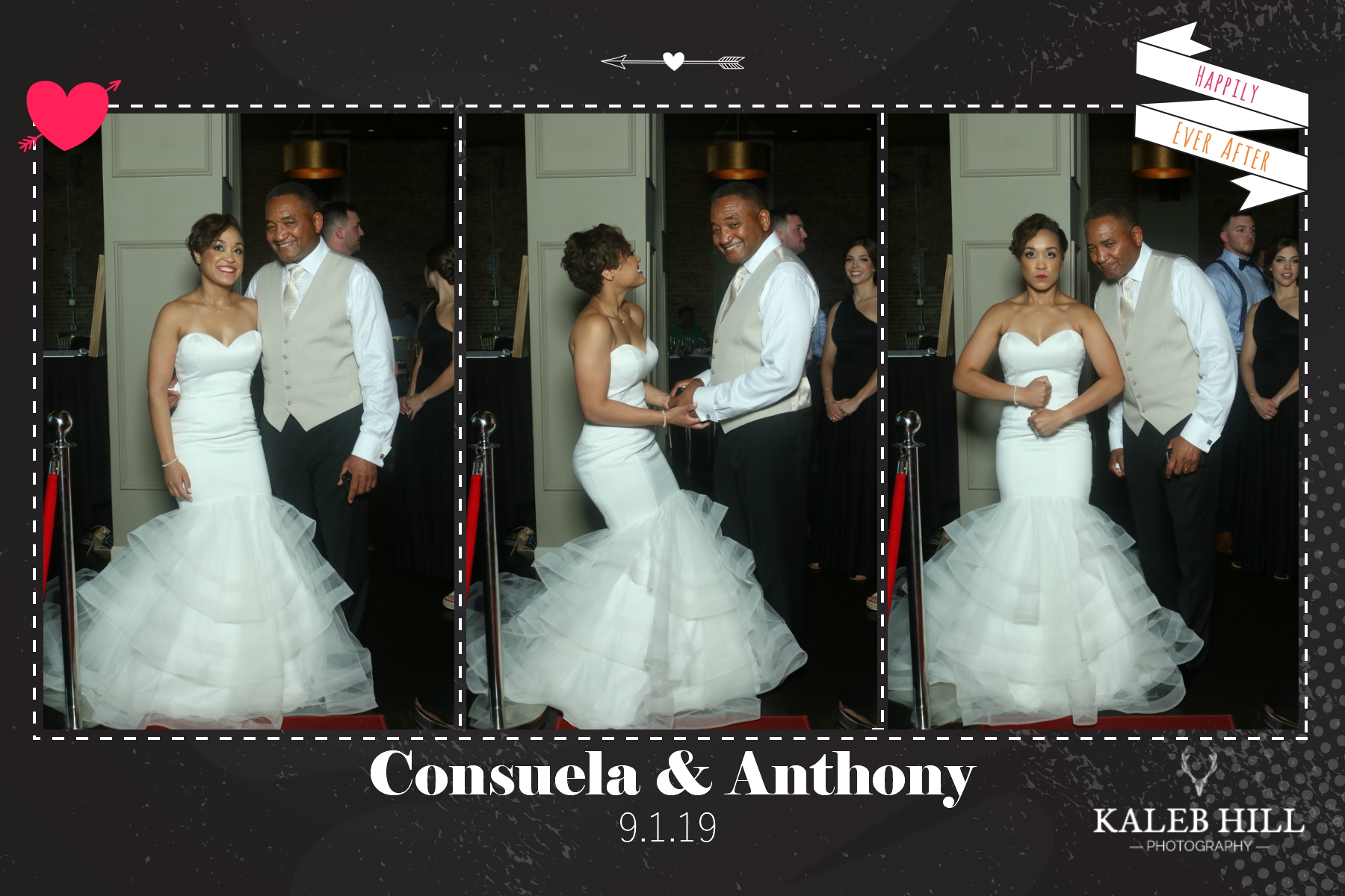 Consuela and Anthony posing together in elegant wedding attire on red carpet at photo booth – multiple frames showing bride in white mermaid gown with veil and groom in black tuxedo with vest, joyful moments with family in background, custom 'Happily Ever After' ribbon frame and date 9.1.19 by Kaleb Hill Photography