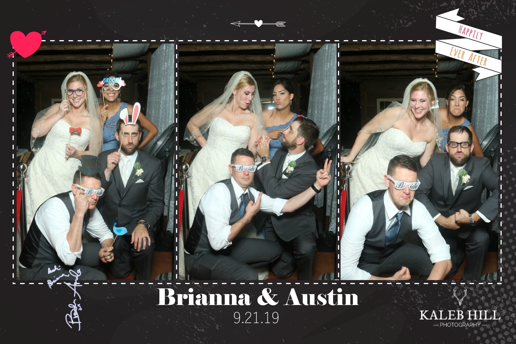 Large bridal party group posing in multiple joyful photo booth strips at Brianna & Austin wedding – bridesmaids in colorful dresses, groom and groomsmen in suits with funny props like 'Bride' and 'Groom' signs, silly expressions and hugs on rustic wooden backdrop, custom 'Happily Ever After' ribbon frame and date 9.21.19 by Kaleb Hill Photography
