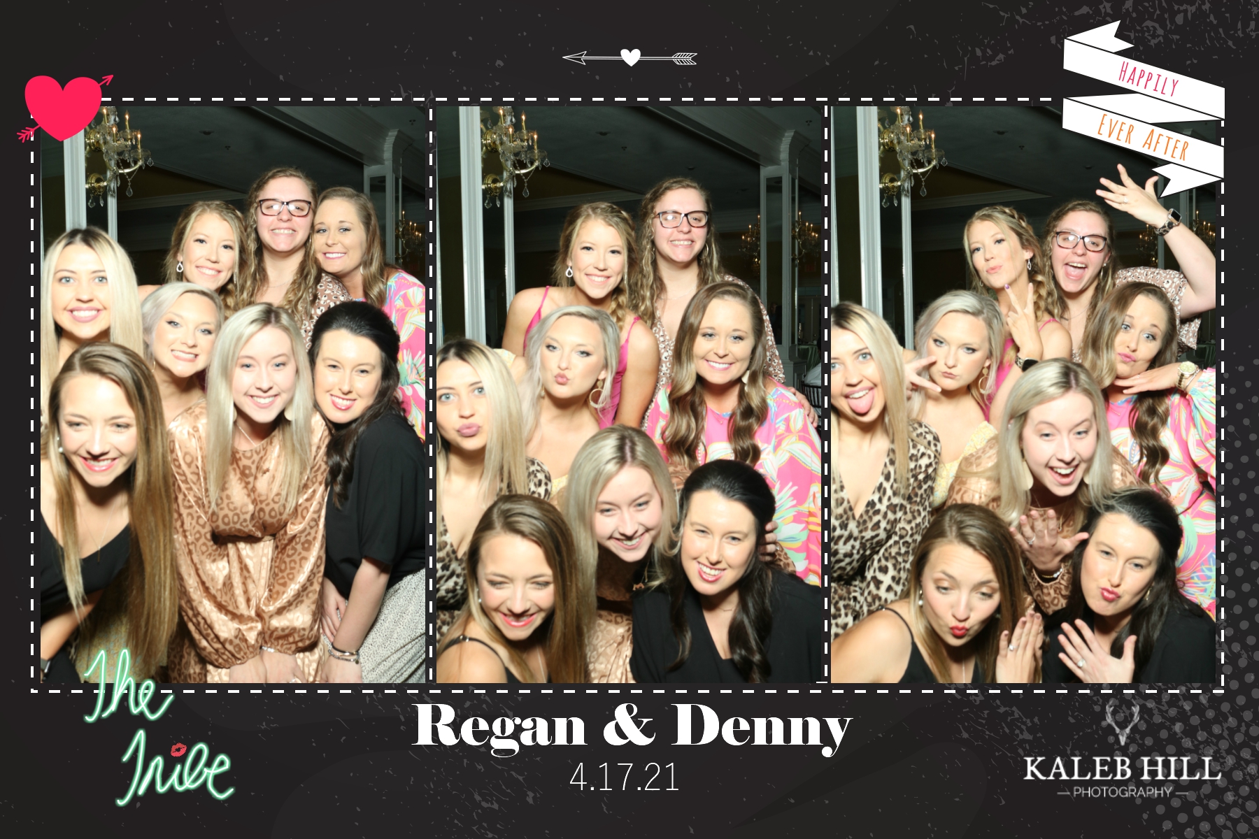 Large group of young women and friends from The Inive posing in multiple joyful photo booth strips at Regan & Denny event – colorful dresses, big smiles, hugs, silly expressions and peace signs on dark backdrop with custom 'Happily Ever After' ribbon frame, event name and date 4.17.21 by Kaleb Hill Photography