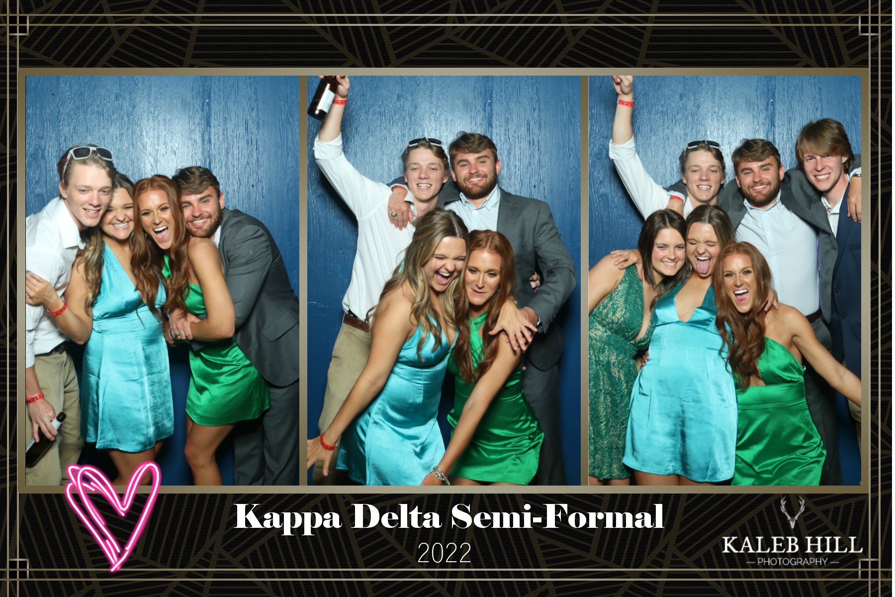 Group of Kappa Delta members posing in fun photo booth strips at semi-formal event – multiple frames with big smiles, hugs, drinks and silly expressions on blue wooden backdrop, custom branded overlay with event name and date 2022 by Kaleb Hill Photography
