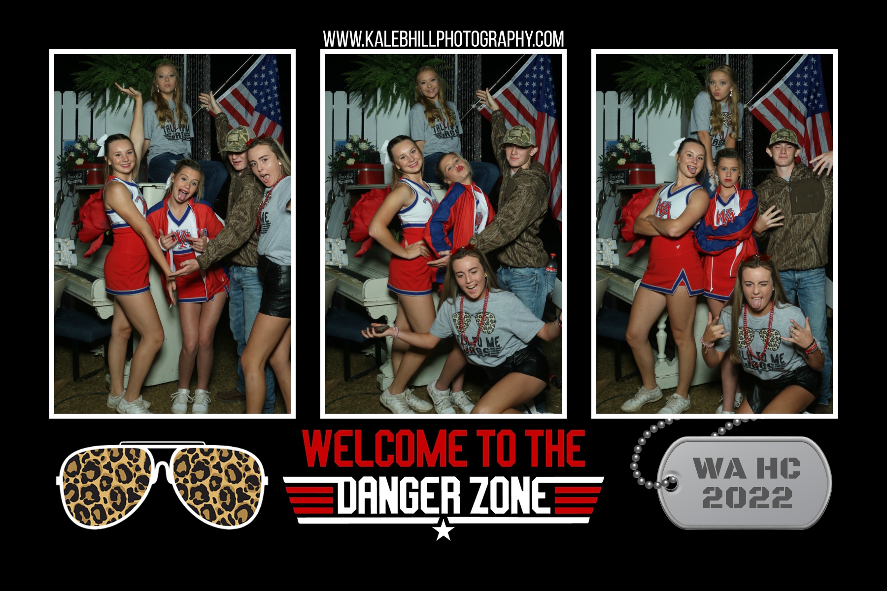 Group of cheerleaders and friends posing in multiple fun photo booth strips at WA HC Danger Zone event 2022 – red/white/blue outfits, pom poms, flags, silly expressions and hugs on dark backdrop with custom 'Welcome to the Danger Zone' branded frame, leopard sunglasses graphic, and Kaleb Hill Photography watermark